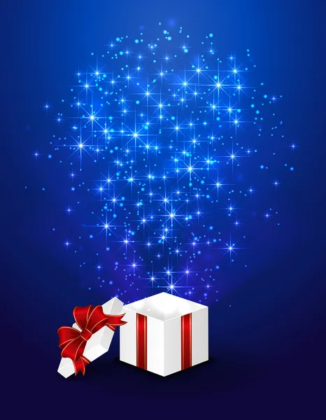 Fondo estrellado azul con caja de regalo — Vector de stock