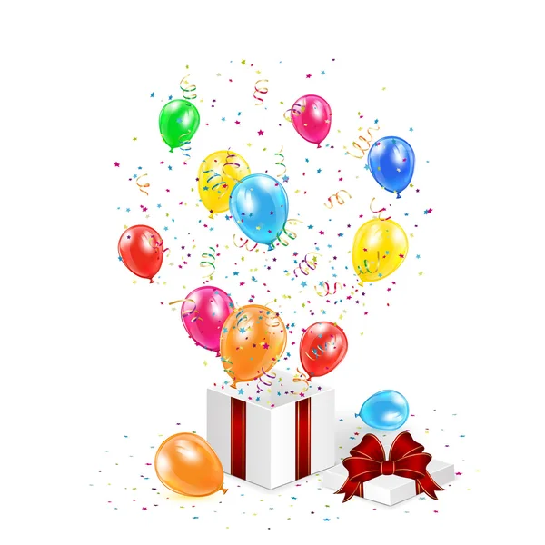 Caja de regalo con confeti y globos — Vector de stock