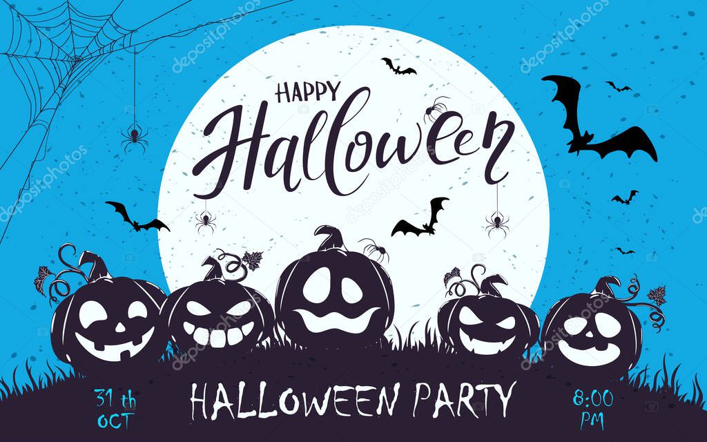 Banner with lettering Zombie Party on blue Halloween background with silhouette of  happy pumpkins and big Moon. Illustration for children's holiday design, cards, invitations, banners, templates