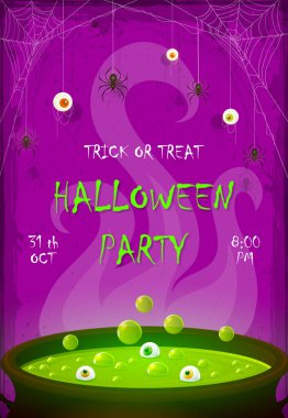 Cadılar Bayramı Partisi afişi. Ürkütücü gözler ve mor arka planda örümcekler. Yeşil iksir kazanda, gözleri ve baloncukları olan. Kartlar için resim, çocukların tatil tasarımı, davetiyeler, afişler