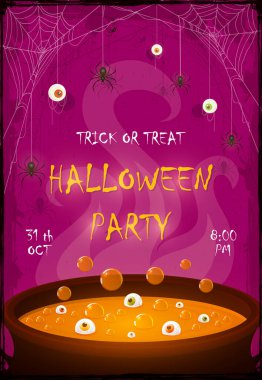 Cadılar Bayramı Partisi afişi. Ürkütücü gözler ve mor arka planda örümcekler. Kazanda, gözleri ve baloncukları olan portakal iksiri. Kartlar için resim, çocukların tatil tasarımı, davetiyeler, afişler