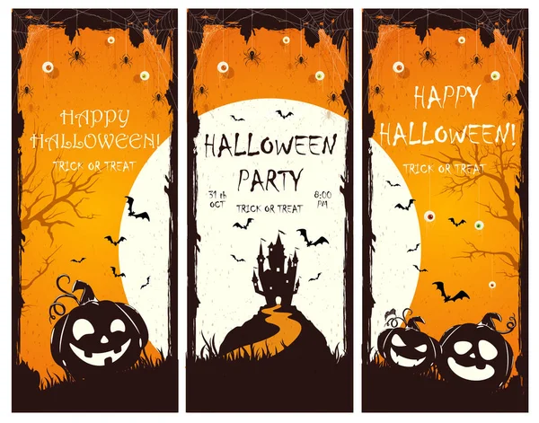 Conjunto Pancartas Halloween Con Silueta Castillo Calabazas Sobre Fondo Naranja — Vector de stock