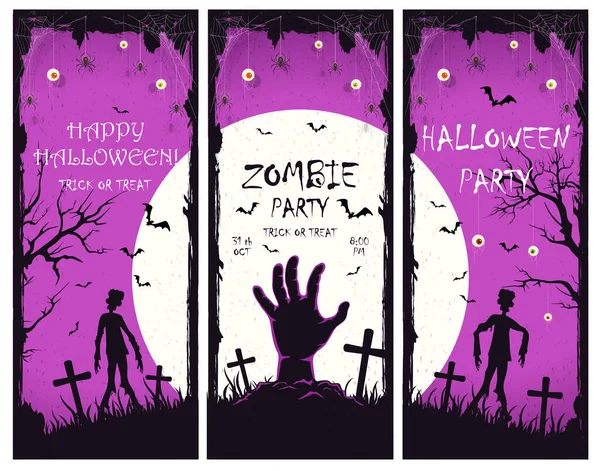 Skrämmande Monsterhand Med Zombier Kyrkogården Lila Halloweenbanderoller Med Zombie Party — Stock vektor
