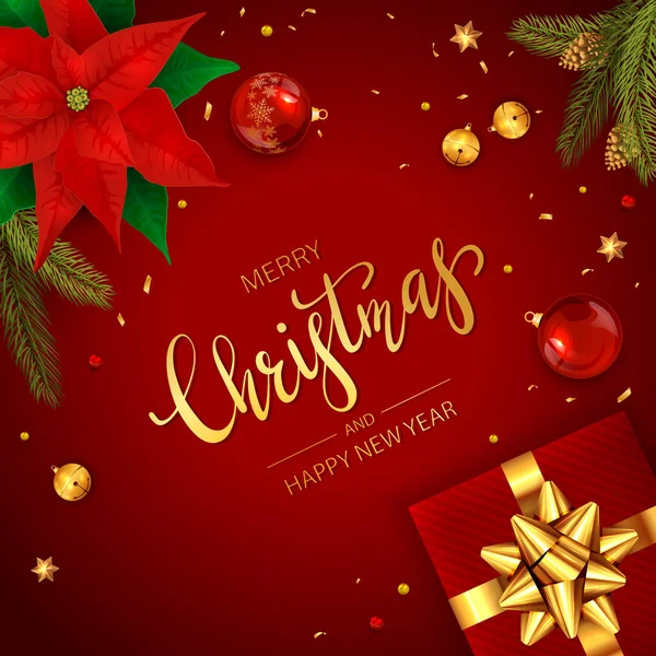 クリスマスボール 赤いポインセチア 黄金の弓での休日の贈り物 赤い背景に松のコーンとクリスマスの鐘を持つモミの木の枝 休日のデザイン カード バナー テンプレートのイラスト — ストックベクタ