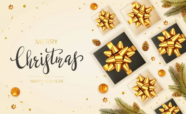 黄金の弓 モミの木の枝 松のコーンとベージュの背景に光沢のある星とクリスマスボール 黒とベージュの休日の贈り物 クリスマスのデザイン ポスター カード ウェブサイト バナーのイラスト — ストックベクタ