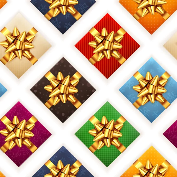 Nahtloser Weihnachtshintergrund Mit Farbigen Realistischen Geschenken Mit Goldenen Schleifen Muster — Stockvektor
