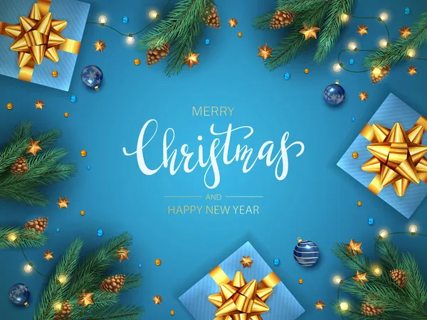 Χριστουγεννιάτικη Κάρτα Μπάλες Δώρα Διακοπών Χρυσό Τόξο Κλαδιά Ελάτης Κουκουνάρια Εικονογράφηση Αρχείου