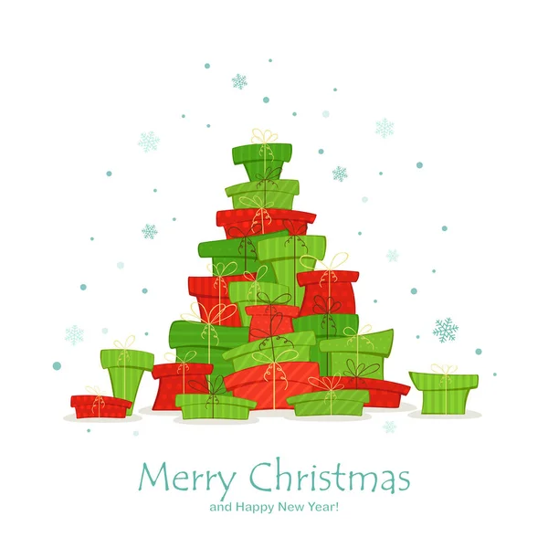 雪の結晶とテキストメリークリスマスとハッピー新年と白い背景にクリスマスツリーの形で贈り物のセット イラストは 休日のデザイン カード 招待状やバナーに使用できます — ストックベクタ
