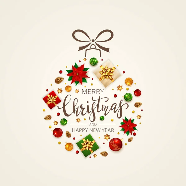 Kerstbal Van Vakantie Decoraties Letteren Vrolijk Kerstfeest Met Poinsettia Ballen — Stockvector
