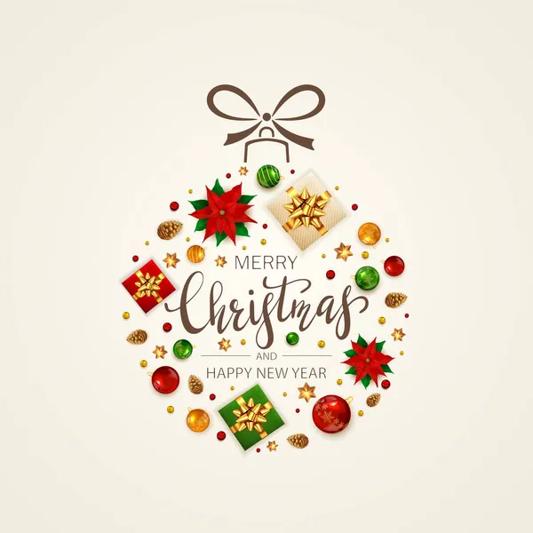 Kerstbal Van Vakantie Decoraties Letteren Vrolijk Kerstfeest Met Poinsettia Ballen Rechtenvrije Stockillustraties