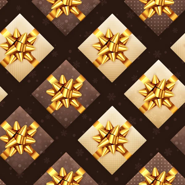 Bezešvé Vánoční Pozadí Černo Béžové Dárky Zlatými Luky Vzor Vánoce — Stockový vektor