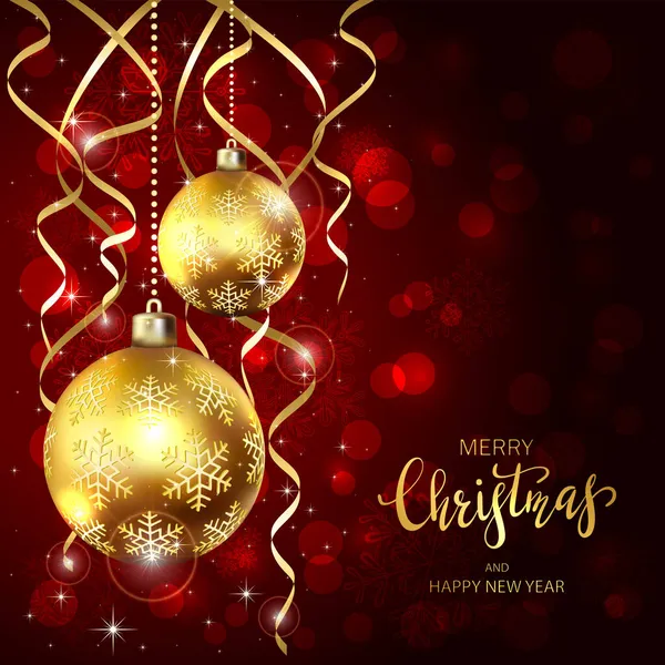 Two Golden Christmas Balls Streamers Red Background Illustration Lettering Merry Vector Graphics