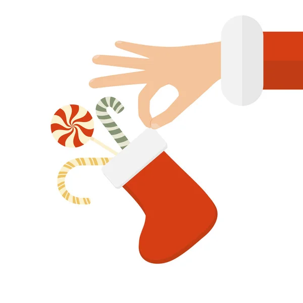 サンタの手と白い背景に隔離されたキャンディでクリスマスソックス 休日のデザイン カード 招待状 ポスター はがきやバナーのためのフラット漫画スタイルのイラスト — ストックベクタ
