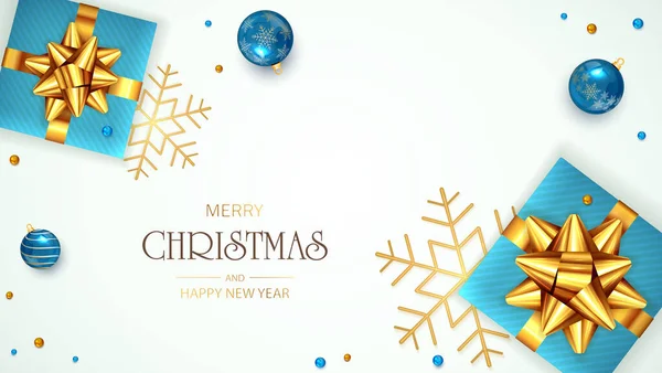 圣诞舞会 蓝色的礼物 金色的弓 雪花和白色背景的珠子 图解可用于圣诞设计 节日卡片 明信片和横幅 — 图库矢量图片