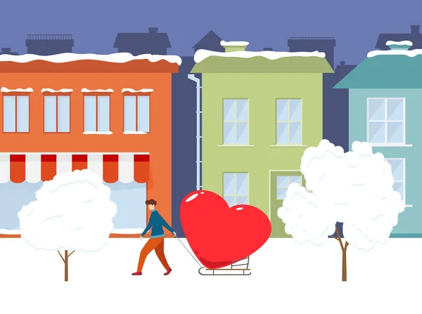 San Valentino Sfondo Uomo Con Cuore Gigante Città Illustrazione Del — Vettoriale Stock