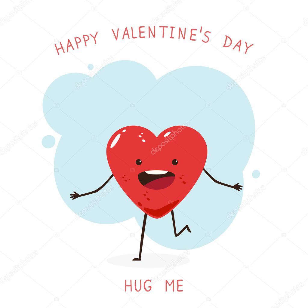 Cute happy valentines heart on blue background. Lettering Happy Valentine's Day and Hug me. Cartoon illustration can be used for holiday card, children's clothing design and banners