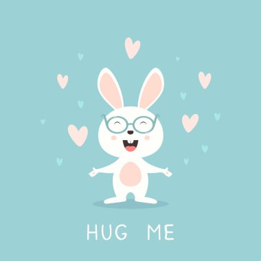 Sevimli mutlu tavşan, mavi arka planda bana kalplerle sarılmanı söylüyor, Sevgililer Günün kutlu olsun. Gözlüklü mutlu tavşan. Çizgi film illüstrasyonu, tatil kartı, çocuk giyimi tasarımı ve afişler için kullanılabilir.