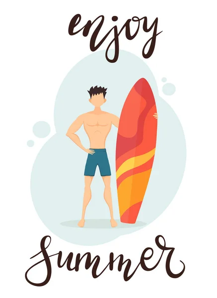 青のサーファーの男はサーフボードでショートパンツを泳ぐ 青い背景と文字の面白い男は夏をお楽しみください フラット漫画スタイルのイラストは 夏のデザイン ポスター カード バナーに使用することができます — ストックベクタ