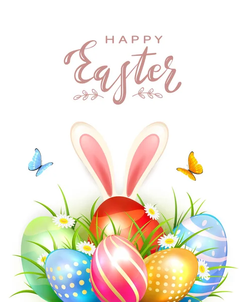 Butterflies Easter Eggs Rabbit Ears Grass Flowers Lettering Happy Easter Royalty Free Stock Illustrations