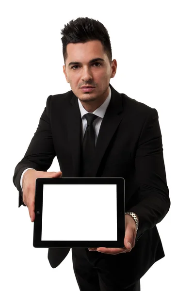 Empregado mostrando um tablet vazio — Fotografia de Stock