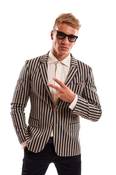 Funky businessman showing peace sign — Stock Photo, Image