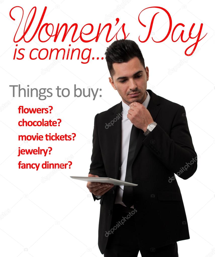 Man thinking at Woman's Day gift lis