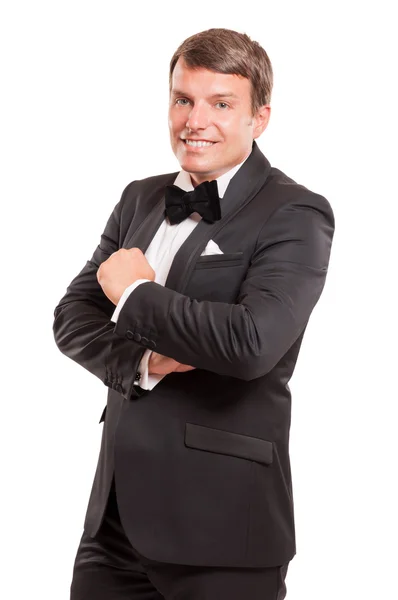Male model wearing a tuxedo isolated on white backgroun — Stock Photo, Image