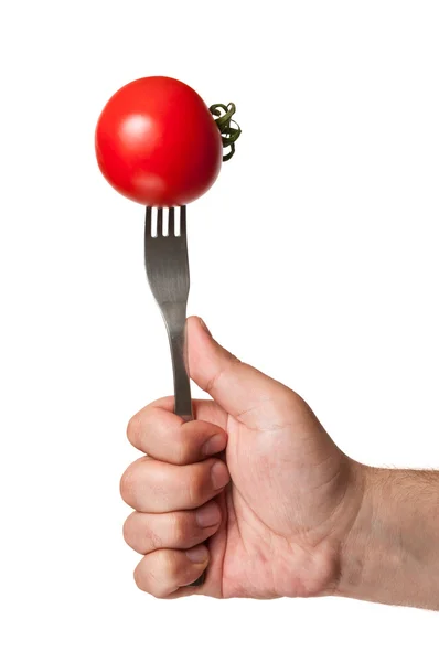 Perfekt röd tomat fastnat på en för — Stockfoto