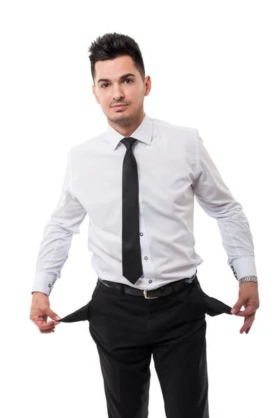 Business man showing his empty pockets. He's broke — Stock Photo, Image