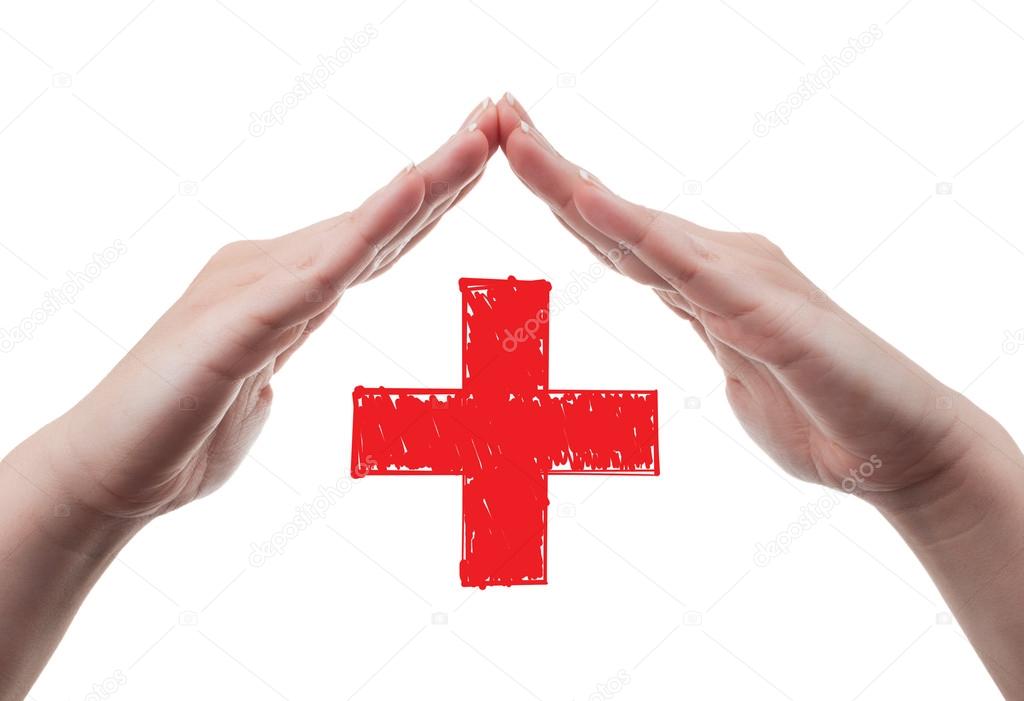 White female hands acting as a roof and protecting the red cross sign. Health insurance concept isolated on white background.