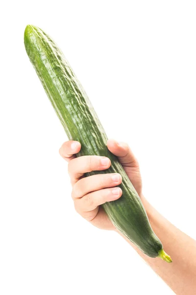 Hand met een grote groene komkommer op witte pagina — Stockfoto