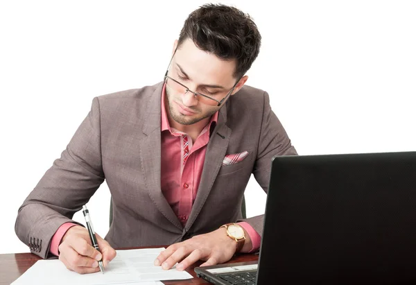 Young and handsome lawyer signing business document — Stock Photo, Image