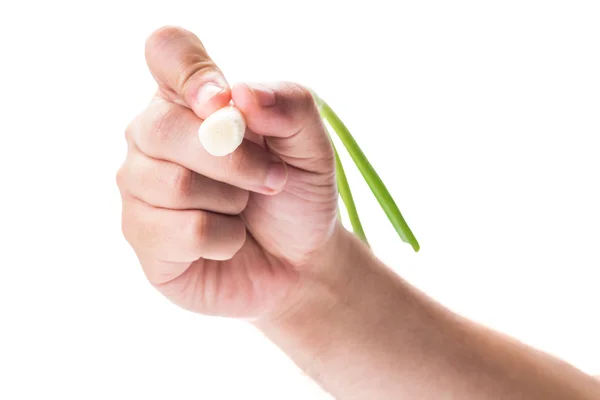 Hand writing with a green spring onio — Stock Photo, Image