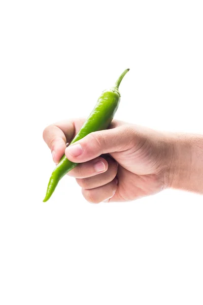 Hand holding a green pepper like a pe — Stock Photo, Image
