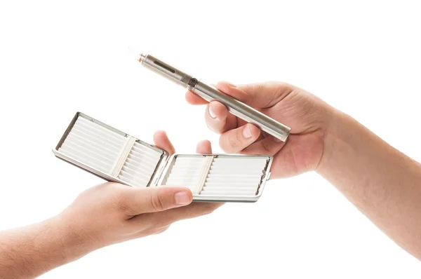 Cigarettes in a box and electronic cigarett — Stock Photo, Image