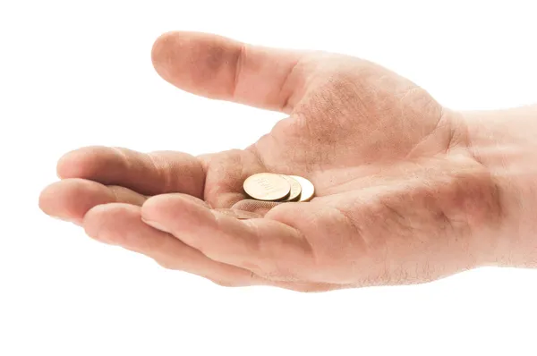 Mendiant main avec une pièce de monnaie — Photo