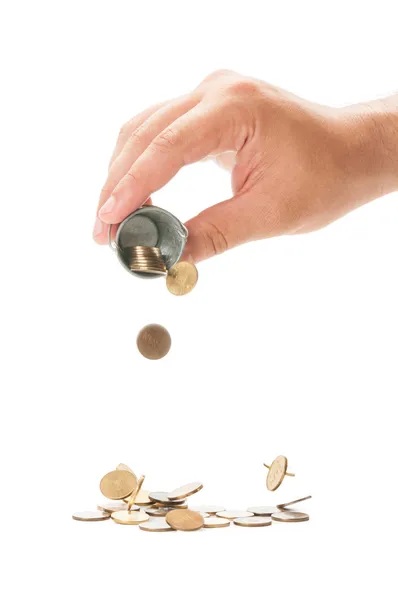 Pouring a small bucket of romanian  coin — Stock Photo, Image