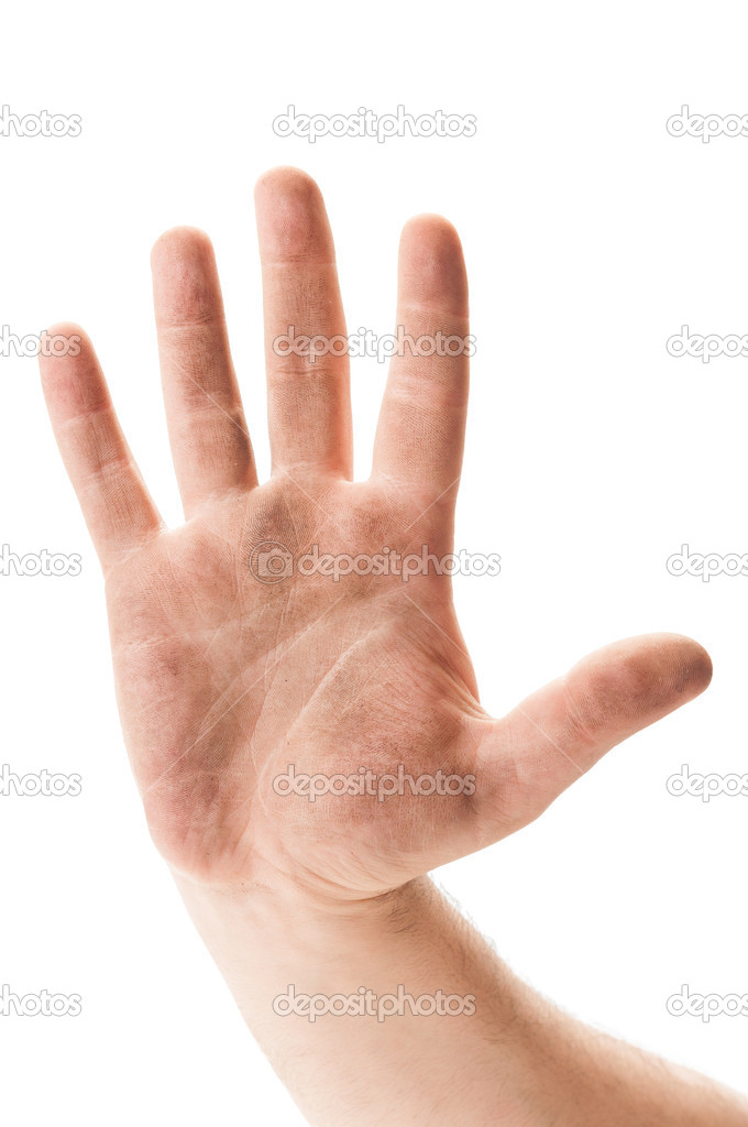Dirty hand showing stop sig