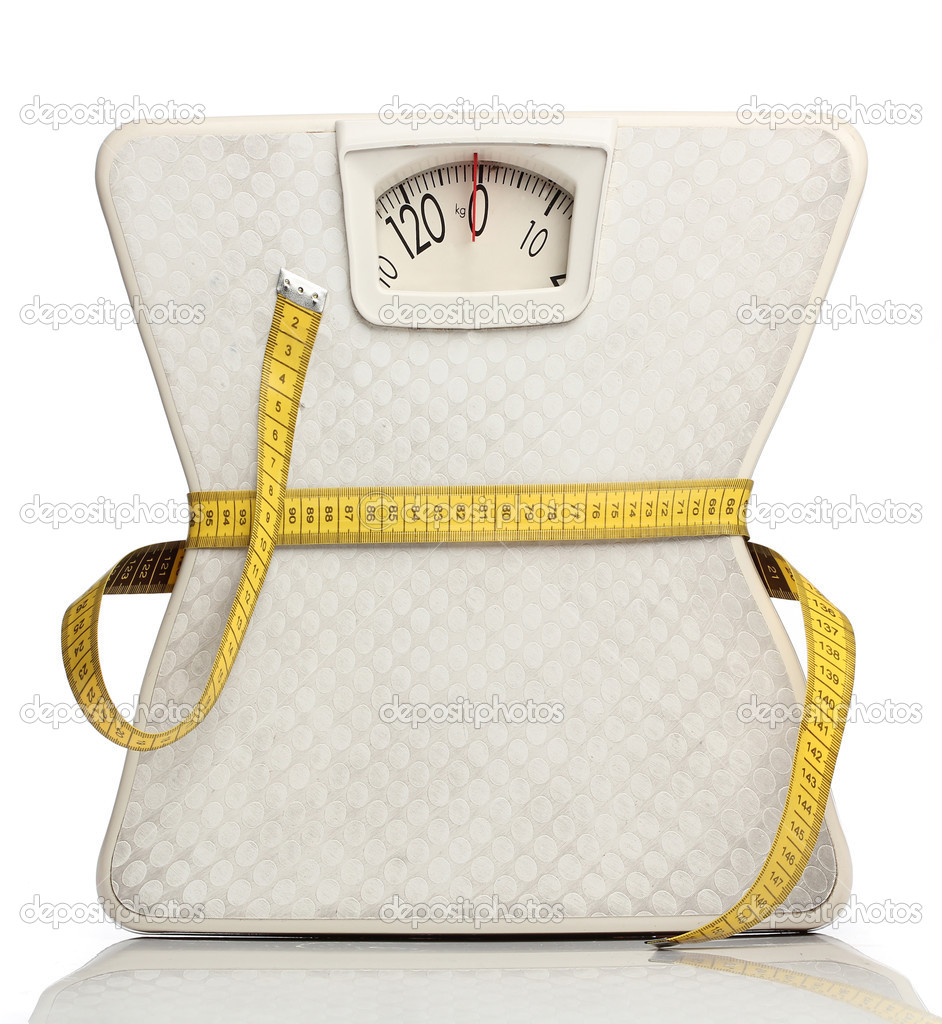 Weight scale with a measuring tape over white