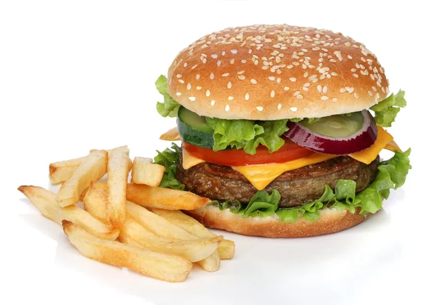 Finom hamburger és sült krumpli fehér alapon — Stock Fotó