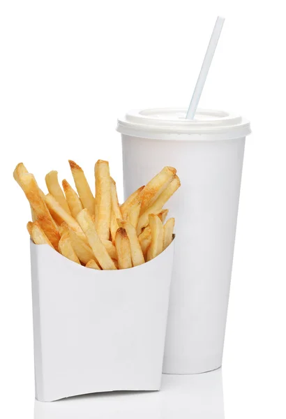 Franse frietjes en soda geïsoleerd op witte achtergrond — Stockfoto