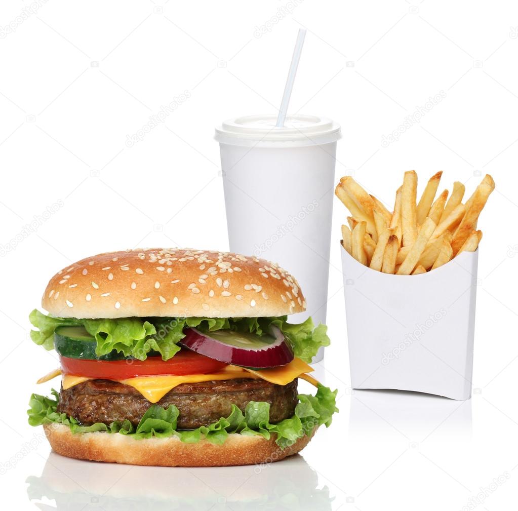Hamburger with french fries and a cola drink