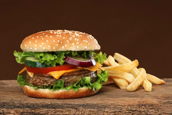 Tasty hamburger and french frites — Stock Photo, Image