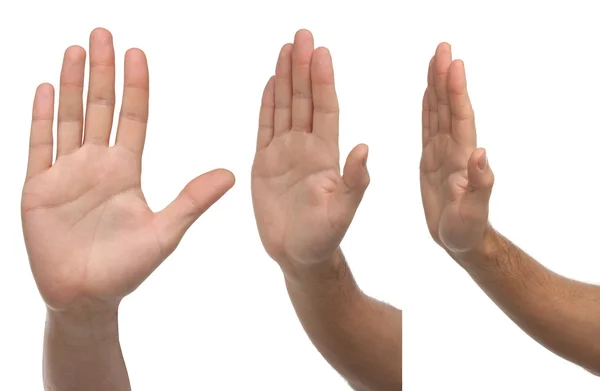 Stop. drie verschillende mannelijke hand tekenen geïsoleerd — Stockfoto