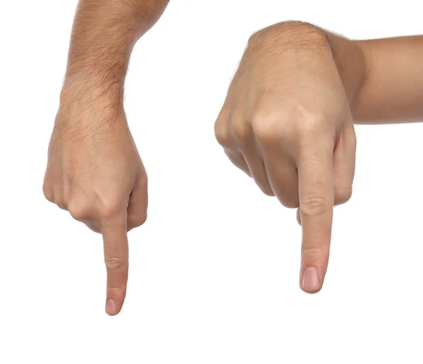 Znaki dłoni. Męski palec wskazujący w dół. Izolacja — Zdjęcie stockowe