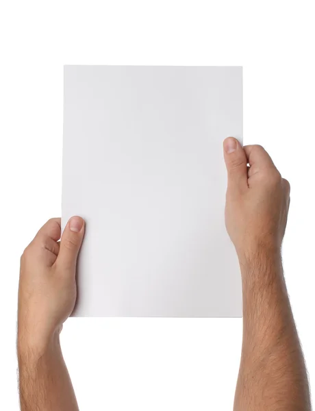 Man handen houden blanco papier geïsoleerd op witte achtergrond — Stockfoto