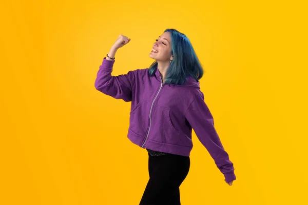 Cute Young Gilr Blue Hair Doing Winner Gesture Celebrate Clenching — Zdjęcie stockowe