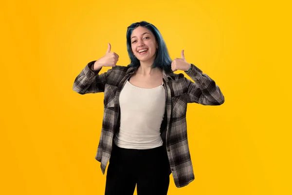 Smiling Young Woman Student Blue Hair Doing Positive Gestures Her — Fotografia de Stock