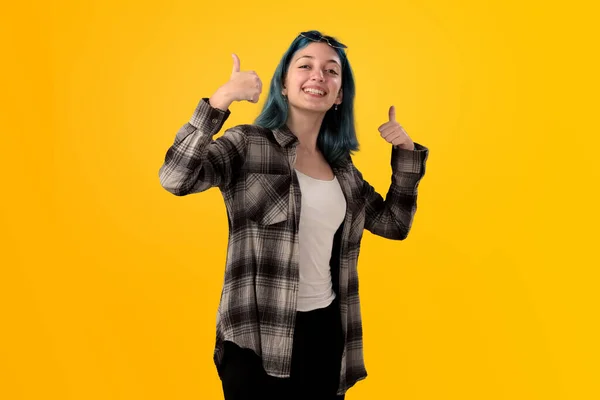 Smiling Young Woman Student Blue Hair Doing Positive Gestures Her — Zdjęcie stockowe