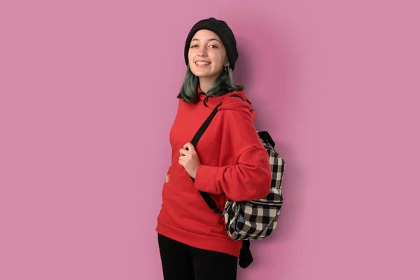 Cute Young Gilr Student Blue Hair Backpack Isolated Pink Background — Zdjęcie stockowe